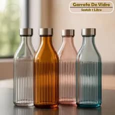 Kit 1/2 Garrafas De Vidro Scotch 1 Litro Quadrada Canelada Tampa Inox Decoração Agua