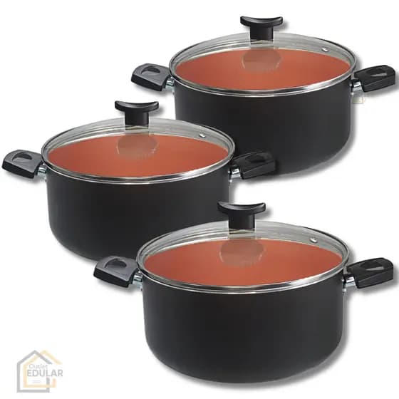 Kit Jogo 3 Peças Panelas Caçarola 16 18 e 20 cm Antiaderente Teflon Tampa de Vidro Cor Preto e Cobre