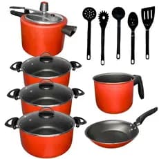 Kit Jogo de Panelas Caçarolas Antiaderente e Utensilios com Panela de Pressão 11 peças Cor Vermelho