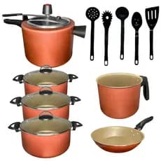 Kit Jogo de Panelas Antiaderente com Panela de Pressão 11 peças com Utensilios Nylon Cor Cereja Gold