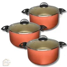 Kit Jogo 3 Peças Panelas Caçarolas 16 18 e 20 cm Antiaderente Teflon Tampa de Vidro Cor Cereja Bege