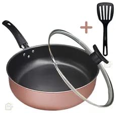 Frigideira 24 cm Alta Antiaderente Teflon com Tampa de Vidro e Espatula Cor Rose e Preto