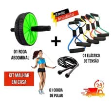 Kit Malhar em Casa 1 Roda Abdominal e ou 1 Elástico De Tensão e ou 1 Corda De Pular Profissional