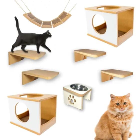 Kit Playground para Gato REFORÇADO MDF 15MM com Comedouro 8pçs Premium Alta Qualidade Frente Redonda
