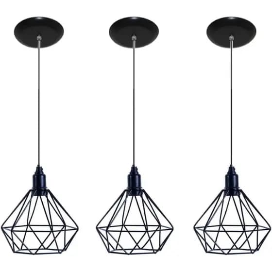Kit 3 Pendentes Diamante Aramado Luminária Preto Cabo Regulável