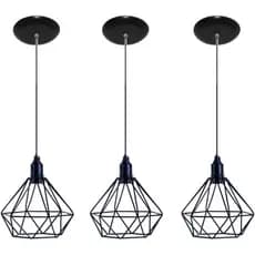 Kit 3 Pendentes Diamante Aramado Luminária Preto Cabo Regulável