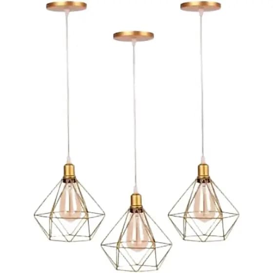 Lustres Luminárias de Teto Aramado Diamante Pendentes Dourado Kit 3