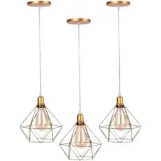 Lustres Luminárias de Teto Aramado Diamante Pendentes Dourado Kit 3