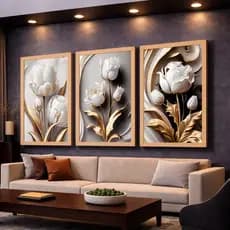 Kit 3 Quadros Decorativos Flor Tulipas Brancas e Douradas Mosaico Sala Quarto Escritório