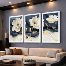 Kit 3 Quadros Decorativos Floral Azul Luxo Mosaico Sala Quarto Escritório