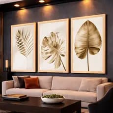 Kit 3 Quadros Decorativos Floral Botânico Tropical Neutro Dourado Mosaico Sala Quarto Escritório