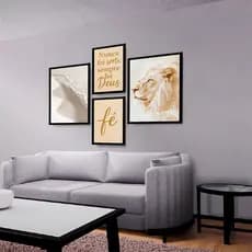 Kit 4 Quadros Decorativos Leão Judá Nunca Foi Sorte Abstrato Fé Mosaico Sala Quarto Escritório