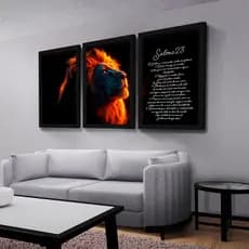 Kit 3 Quadros Decorativos Leão da Tribo de Judá Salmo 23 Mosaico Sala Quarto Escritório