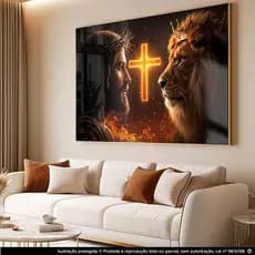 Quadro Decorativo Leão Judá e Jesus Cristo Cruz Religioso  Mosaico Sala Quarto Escritório