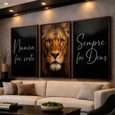Kit 3 Quadros Decorativos Leão de Judá Frase Nunca Foi Sorte Mosaico Sala Quarto Escritório Hall