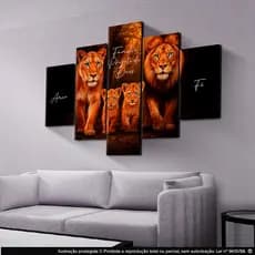 Kit 5 Quadros Decorativos Leão Família Filhotes Mosaico Sala Quarto Escritório Hall