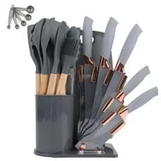 Kit 19 Utensílios De Cozinha Com Cabo De Madeira E Silicone