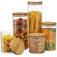 Conjunto 5 Potes Organizador Hermético Vidro Bambu Silicone Premium