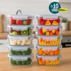 Kit 10 Potes De Vidro Hermético 640ml 4 Travas Livre De BPA Marmita Freezer Microondas