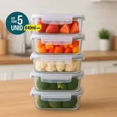 Kit 5 Potes De Vidro Hermético 640ml 4 Travas Livre De BPA Marmita Freezer Microondas