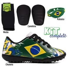 Kit Brasil Copa do Mundo Chuteira Society+Meião+Caneleira+Pulseira Lançamento 2026