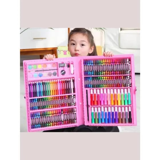 Estojo Maleta Pintura Infantil Kit pintura 24 a 150 peças Canetinhas Giz Lápis Cores e Tamanhos Variados + Desenhos