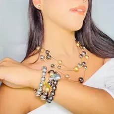 COLAR PEROLA COM BRINCO E PULSEIRA DE BOLAS ABS MODA BLOGUEIRA