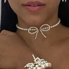 Kit Colar Pulseira Brincos Laço Miçanga Conjunto Feminino