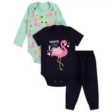 Kit Roupa De Bebe 3 Peças Body Manga Longa e Curta e Calça Algodão Menina