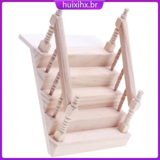 🏠 Mini Escada De Madeira Beige Com Corrimão Para Decoração E Brinquedo