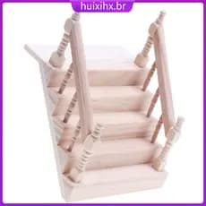 🏠 Mini Escada De Madeira Beige Com Corrimão Para Decoração E Brinquedo