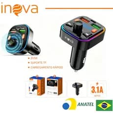 INOVA Adaptador Veicular QC3.0 + Bluetooth 5.0: Transmissor FM, MP3 Player, Áudio Estéreo Modulação