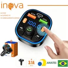 INOVA Adaptador Veicular QC3.0 + Bluetooth 5.0: Transmissor FM, MP3 Player, Áudio Estéreo Modulação