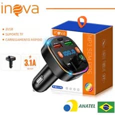 INOVA Adaptador Veicular QC3.0 + Bluetooth 5.0: Transmissor FM, MP3 Player, Áudio Estéreo Modulação