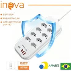 INOVA 2M Régua Filtro Linha 15 Tomadas Proteção 3+2 USB Carregamento Rápido Type-C 22W 30W 110/220