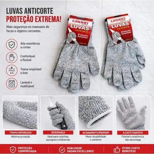 Kit 2 Pares Luva Anticorte Profissional Multiuso Resistente Cinza
