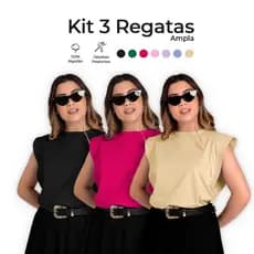 Kit 3 Regatas Feminina Ampla com Pespontos e Cava Lateral 100 Algodão Modelagem Soltinha - Moda Blogueirinha