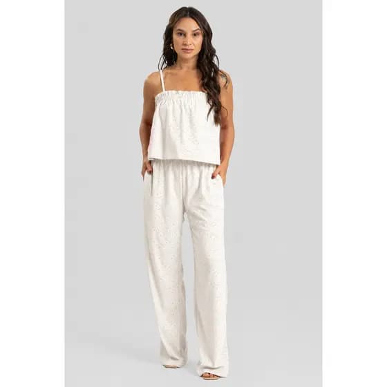 Calça Feminina Reta Imitando Laise Cintura Alta Sofisticada Atemporal para o Verão