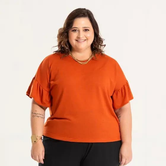 Blusa Plus Size Manga Franzida Terracota Estilo Versatilidade Sofisticado Charmosa Elegante