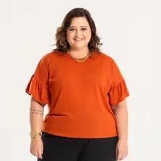 Blusa Plus Size Manga Franzida Terracota Estilo Versatilidade Sofisticado Charmosa Elegante