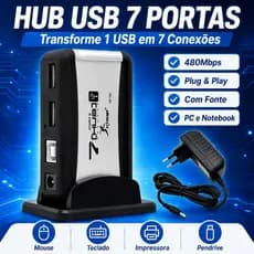 Hub USB 2.0 KNUP 7 Portas Com Fonte Bivolt Extensor USB Para Notebook Computador 480Mbps