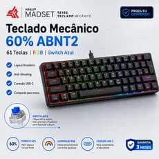 Teclado Mecânico 60% ABNT2 61 Teclas RGB Switch Azul Anti-Ghosting USB-C Compacto