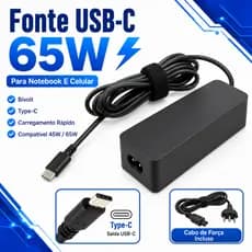 Carregador Fonte USB-C 65W Type-C Bivolt Para Notebook Lenovo Dell HP E Celular