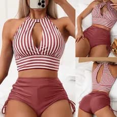 Conjunto de biquíni listrado de cintura alta de 2 peças / calções de banho boxer plus size com cordão ajustável e decote