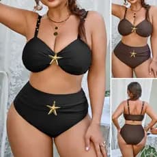 Biquíni Plus Size Feminino de Cintura Alta com Efeito Modelador, Biquíni de Duas Peças com Decoração de Estrela-do-Mar,