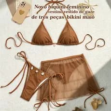 Novo Conjunto de Biquíni Feminino de Três Peças com Saia Transparente 2026