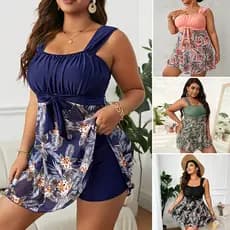 Biquíni Plus Size Feminino/Biquíni de Cintura Alta/Conjunto de Biquíni de Duas Peças com Saia Estampada e Efeito Emagrec