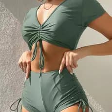 Biquíni Feminino de Duas Peças com Cordão e Manga Curta, Cintura Alta, Estilo Boyshort, Cor Sólida, Moda Praia Conservad