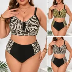 Conjunto de biquíni feminino plus size de cintura alta, estilo boêmio e modelador, com tecido de padrão geométrico e cos