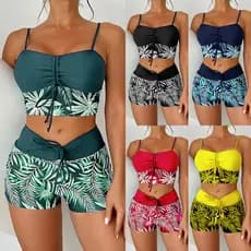 Maiô de duas peças plus size com cintura alta, estampa floral tropical e cordão ajustável, com shorts tipo boxer, conjun